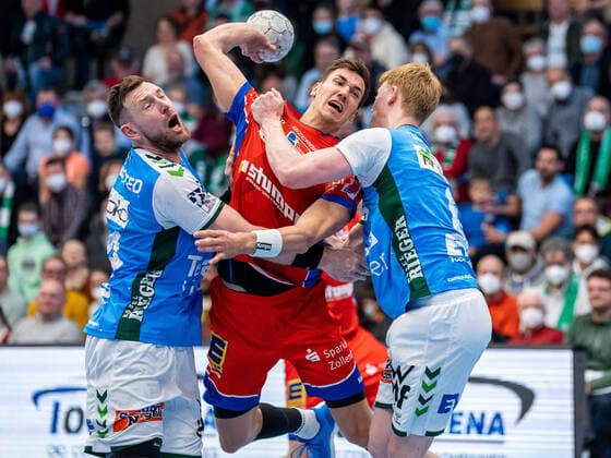 Jona Schoch HBW Balingen Weilstetten, 22 in duel with Jacob Bagersted Frisch Auf Goeppingen 14 and Jon Lindenchhrone Andersen Frisch auf Goeppingen, 06 , Frisch Auf Goeppingen vs HBW Balingen Weilstetten, 1 Bundesliga, Handball, Men, 03 04 2022 Frisch Auf Goeppingen vs HBW Balingen Weilstetten, 1 Bundesliga, Handball, Men, 03 04 2022 Goeppingen Copyright: xEIBNER MichaelxSchmidtx EP_MST