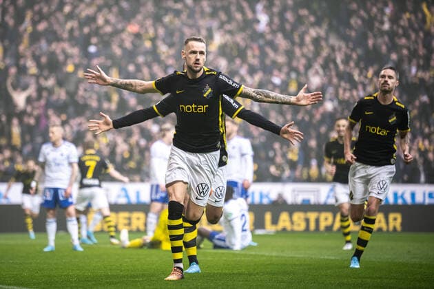 220410 AIKs Alexander Milosevic cheers after 1 0 during the football match in the Allsvenskan between AIK and IFK Norrköping on April 10, 2022 in Stockholm,  Copyright: MAXIMxTHORE BB220410MT064
