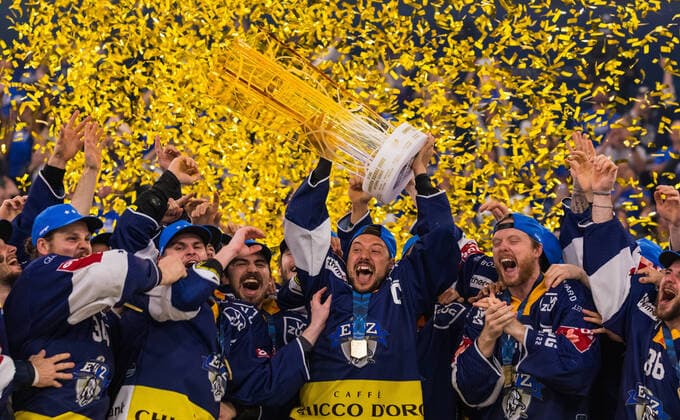 Zug, Switzerland 1 May 2022 Jubilation at EV Zug The Central Swiss win the Swiss National League title for the 2021 2022 season It is the second Swiss champion in a row Ice field hockey