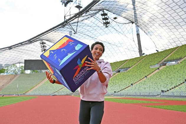 Malaika MIHAMBO long jumper posing with a cube with the logo of the European Championships in the Olympic Stadium single image,cropped single image,half figure,half figure press event European Championships 2022 on 03 05 2022