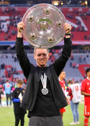 Bayern, Fußball Bundesliga, Saison 2021 2022, FC Bayern München vs VfB Stuttgart, Trainer Julian Nagelsmann Bayen with championship trophy In accordance with the requirements of the DFL Deutsche Fußball Liga is prohibited in the stadium and or from the game made photographs in the form of sequence pictures and or video-like photo series to exploit or to let exploited