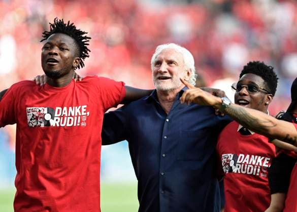 14 05 2022, Leverkusen, Germany, BayArena, Bayer 04 Leverkusen vs SC Freiburg 1 Bundeliga, Edmond Tapsoba Bayer 04 Leverkusen , Managing Director Rudi Voeller Bayer 04 Leverkusen and Jeremie Frimpong Bayer 04 Leverkusen cheer, cheering photo Ralf Treese DFB DFL REGULATIONS PROHIBIT ANY USE OF PHOTOGRAPHS AS IMAGE SEQUENCES AND OR QUASI VIDEO Leverkusen BayArena Nordrhein Westfalen Germany  521_LEVSCF20220514_049 Treese-521
