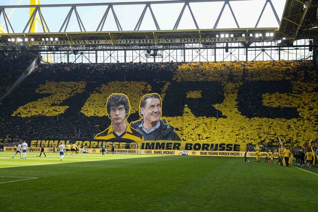 Soccer 1 Bundesliga 34 Matchday Borussia Dortmund Hertha BSC Berlin on 14 05 2022 at Signal Iduna Park in Dortmund The Borussia Dortmund fans present a Michael Susi Zorc farewell choreography on the south stand Suedtribuene UR