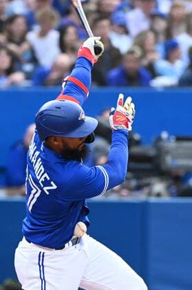 May 20, 2022, Toronto, ON, Canada: Toronto Blue Jays Teoscar Hernandez is hit by a foul tip in the second inning of an Interleague League baseball game against the Cincinnati Reds in Toronto, Friday, May 20, 2022. Teoscar Hernandez  - ZUMAc35_ 20220520_zaf_c35_138 Copyright: xJonxBlackerx
