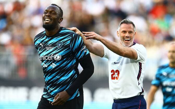 Sport Themen der Woche KW23 Sport Bilder des Tages Mandatory Credit: Photo by Kieran McManus Shutterstock (12979729v) Jamie Carragher of England pushes Usain Bolt (Captain) of World XI FC jokingly England XI v World XI, Soccer Aid for Unicef 2022, Football, London Stadium, London, UK - 12 Jun 2022 England XI v World XI, Soccer Aid for Unicef 2022, Football, London Stadium, London, UK - 12 Jun 2022 Copyright: xKieranxMcManus Shutterstockx 12979729v