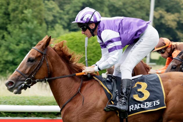 25 06 2022, Duesseldorf, North Rhine Westphalia, GER Salve le Meer with Adrie de Vries wins racecourse Duesseldorf Grafenberg horse, jockey, Salve le Meer, de Vries, victory, finish, finish 220625SG917DUESSELDORF JPG