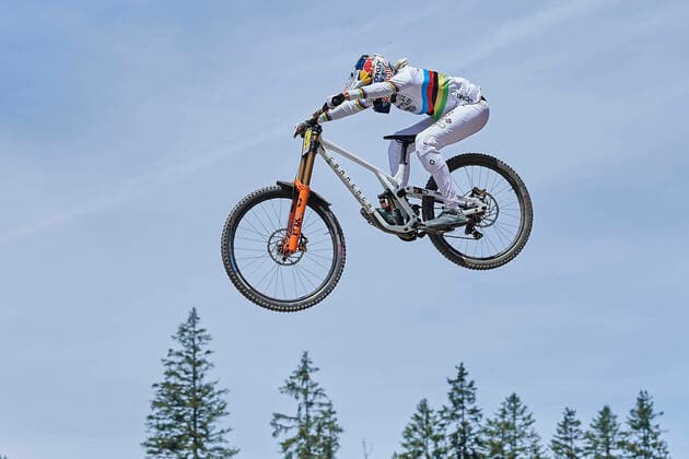 2022 UCI Mountain Bike Downhill World Cup Women Elite, Lenzerheide, Switzerland Lenzerheide, Switzerland July 9, 2022 Myriam Nicole Commencal Muc Off By Riding Addiction during the womens downhill final at the 2022 UCI Mountain Bike World Cup in Lenzerheide, Switzerland.