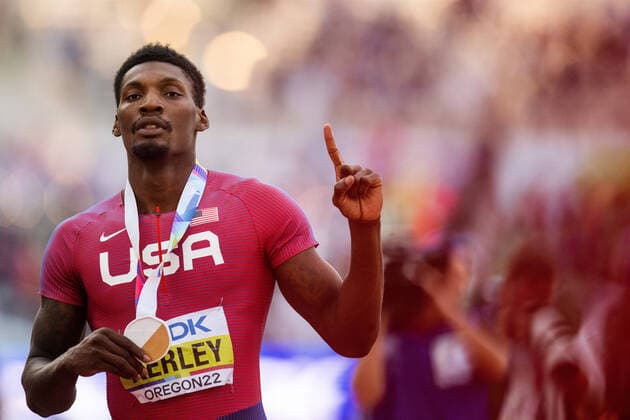 220716 Fred Kerley of USA celebrates after winning men s 100 meter final during day 2 of the 2022 World Athletics Championships on July 16, 2022 in Eugene Photo Jon Olav Nesvold BILDBYRAN COP 217 JM0324 bbeng friidrott athletics friidrett 2022 world athletics championships world athletics championships oregon22 friidrotts vm friidretts vm vm usa jubel,  Copyright: JONxOLAVxNESVOLD BB220716JE127