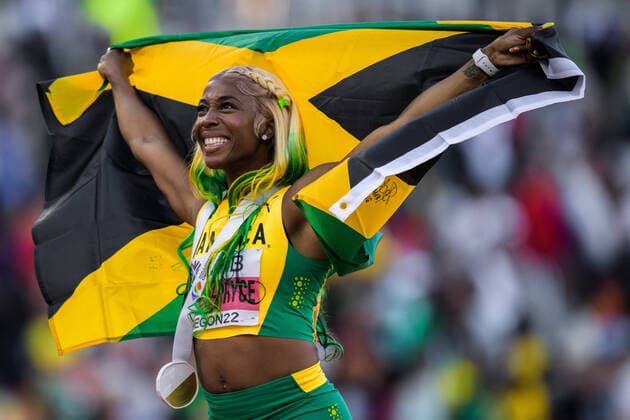 220717 Shelly Ann Fraser Pryce of Jamaica celebrates after winning the final of women?s 100 meters during day 3 of the 2022 World Athletics Championships on July 17, 2022 in Eugene Photo Joel Marklund BILDBYRAN kod JM JM0326 bbeng friidrott athletics friidrett 2022 world athletics championships world athletics championships oregon22 friidrotts vm friidretts vm vm dam final jubel,  Copyright: JOELxMARKLUND BB220717JM138