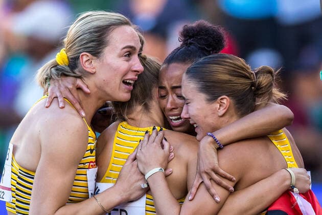 World Athletics Championships Oregon 22 United States of America, 23 07 2022 Alexandra Burghardt, Gina Lueckenkemper, Tatjana Pinto, and Rebekka Haase of Germany win bronze in the 4 x 100 m relay of the women at the World Athletics Championships Oregon 22 in Eugene, on Saturday, July 23, 2022 Copyright: xBEAUTIFULxSPORTS OlafxRellischx