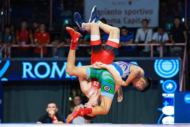 Wrestling u17 World Championships 51kg GR AYTJAN KHALMAKHANOV UZB df Anri KHOZREVANIDZE GEO Roma Italia Copyright: xUnitedxWorldxWrestlingx xKadirxCaliskanx cal