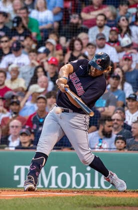 Cleveland Guardians designated hitter Josh Naylor makes contact with the ball, during the first inning of a game between the Boston Red Sox and the Cleveland Guardians at Fenway Park, in Boston, Massachusetts, USA 26 July 2022. Boston Red Sox and the Cleveland Guardians !ACHTUNG: NUR REDAKTIONELLE NUTZUNG!  Copyright: xAMANDAxSABGAx AME5631 20220727-6302b7034d22d19967aad832382918913e8fc163