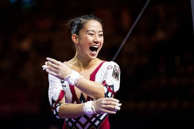 220811 Kim Bui of Germany celebrates after competing on the Uneven Bars in women s artistic gymnastics all around final during day 1 of the European Championships on August 11, 2022 in Munich Photo Mathias Bergeld BILDBYRAN kod MB MB0422 artistisk gymnastik artistic gymnastics europamästerskap em em 2022 european championships munich 2022 womens individual all around final bbeng day 1 dam women germany tyskland,  Copyright: MATHIASxBERGELD BB220811MB103
