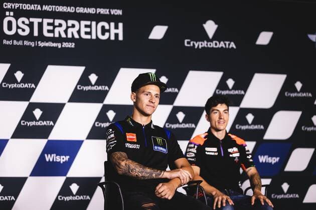 MOTORSPORTS - MotoGP, GP of Austria 2022 SPIELBERG,AUSTRIA,18.AUG.22 - MOTORSPORTS - MotoGP, Grand Prix of Austria, Red Bull Ring, preview. Image shows Fabio Quartararo (FRA Monster Energy Yamaha MotoGP) and Maverick Vinales (ESP Aprilia Racing Team).  GEPAxpictures xDanielxGoetzhaber