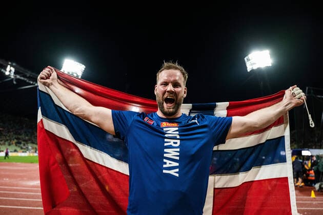 220818 Eivind Henriksen of Norway celebrates after men?s hammer throw final during day 8 of the European Championships on August 18, 2022 in Munich Photo Vegard Grott BILDBYRAN code VG VG0337 athletics athletics European Championships em em 2022 european championships munich 2022 munchen em day 8 bbeng Final,  Copyright: VEGARDxGRoTT BB220818VG127