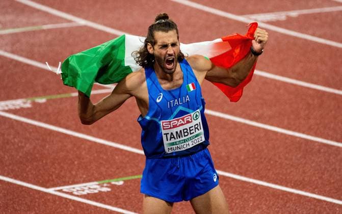 European Championships Munich22 Athletics, 18 08 2022 Gianmarco Tamberi ITA celebrates the European title in the mens high jump European Championships Munich22 Athletics Evening Session on 18 08 2022 at the Olympiastadion in Munich Germany Copyright: xBEAUTIFULxSPORTS R.xSchmittx