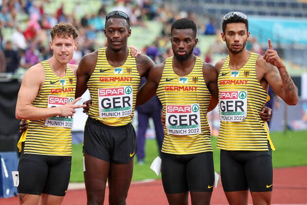 European Championships Munich22 Athletics, 19 08 2022 New German Record v l Kevin Kranz GER , Owen Ansah GER , Lucas Ansah Peprah GER , Joshua Hartmann GER European Championships Munich22 on 19 08 22 at the Olympic Stadium in Munich, Germany. Copyright: xBEAUTIFULxSPORTS AxelxKohringx