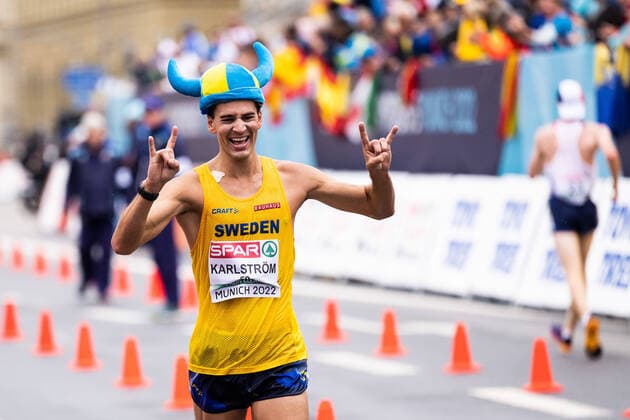 220820 Perseus Karlström of Sweden celebrates after men?s 20 km race walk during day 10 of the European Championships on August 20, 2022 in Munich Photo Mathias Bergeld BILDBYRAN code MB MB0442 friidrott athletics friidrett europameisterskap em em 2022 european championships munich 2022 munchen em day 10 bbeng cheer Sweden,  Copyright: MATHIASxBERGELD BB220820MB020
