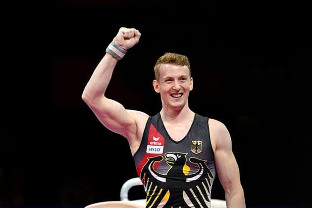 21 08 2022, European Championchips Munich 2022, apparatus gymnastics final men, in the Olympiahalle Munich, Nils Dunkel Germany cheers after his performance on pommel horse, he makes the third place, bronze medal