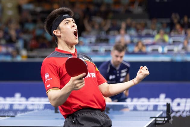 Table Tennis European Championships The new European champion Dang Qui Germany cheers to the audience Table Tennis European Championships as part of the European Championships from 13 to 21 August in Munich , Munich Bavaria Germany Rudi Sedlmayer Hall