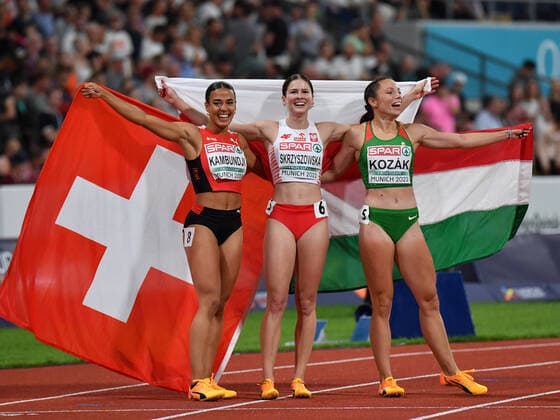 The winners KAMBUNDJI Ditaji Switzerland SKRZYSZOWSKA Pia Poland and KOZAK Luca Hungary at the 100m hurdles competition of the European Championships 2022 in Munich on 21 08 2022 Munich Olympic Stadium Bavaria Germany