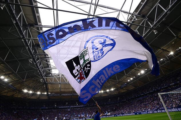GELSENKIRCHEN, GERMANY - AUGUST 27, 2022: Flag of supporters. The football match of Bundesliga FC Schalke 04 vs Union Berlin  Copyright: xVITALIIxKLIUIEVx