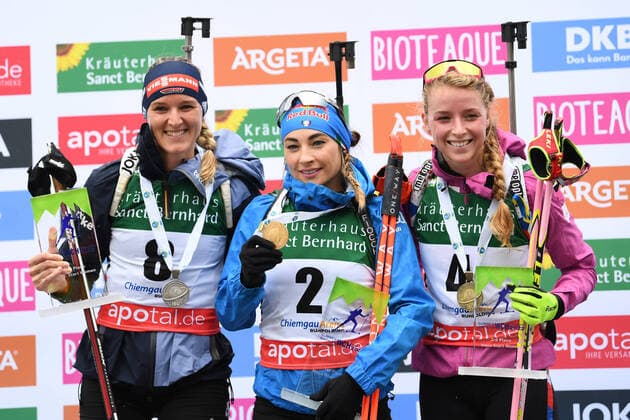 Biathlon award ceremony with HERRMANN Denise GER , WIERER Dorothea ITA and DAVIDOVA Marketa CZE of the GALA mass start of the women of the IBU Summer Biathlon World Championships in Ruhpolding on 28 08 2022, Germany, Upper Bavaria Ruhpolding Chiemgau Arena Upper Bavaria Germany