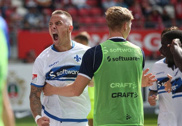 2 0 Darmstadt by Phillip Tietz 9, Darmstadt , goal celebration, 11 09 2022, Football, 2 Bundesliga, FC Kaiserslautern SV Darmstadt 98, 8 Matchday, Season 2022 23, Fritz Walter Stadion, Kaiserslautern, Germany, zmdz, DFB DFL regulations prohibit any use of photographs as image sequences and or quasi video FC Kaiserslautern SV Darmstadt 98
