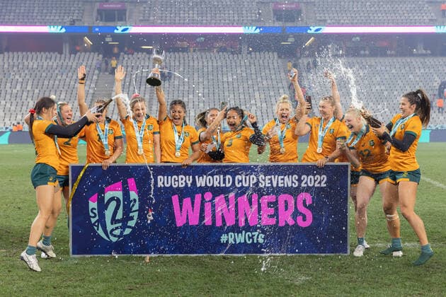 Sevens Rugby World Cup The new world champion in the womens competition, Australia, celebrates with a champagne shower at the award ceremony Right Team Captain Charlotte Caslick Sevens Rugby World Cup on 11 September 2022 in Cape Town South Africa Award Ceremony , Cape Town Province Western Cape South Africa Cape Town Stadium
