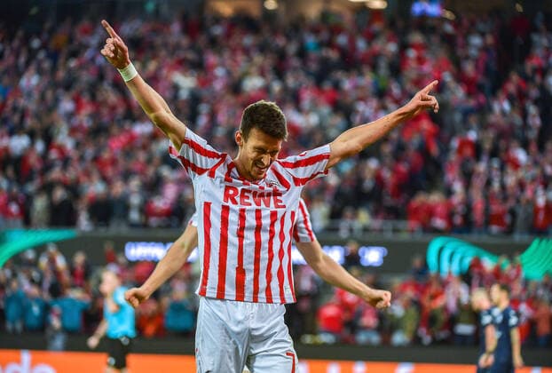 15 09 2022, xjpx, football UEFA Conference League, 1 FC Koeln 1 FC Slovacko emspor, v l Tomas Brecka Slovacko celebrates his goal to 4 2 Behind him Steffen Tigges Koeln DFL DFB REGULATIONS PROHIBIT ANY USE OF PHOTOGRAPHS as IMAGE SEQUENCES and or QUASI VIDEO Koeln