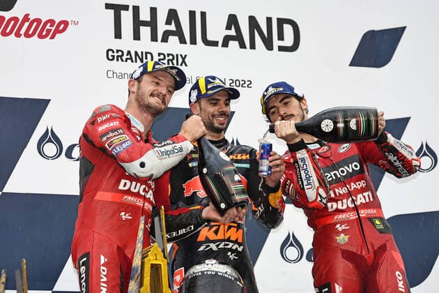 Winners Jack Miller, AUS Ducati Lenovo Team , Miguel Oliveira, POR Red Bull KTM Factory Racing KTM , and Francesco Bagnaia, ITA Ducati Lenovo Team after final at 2022 OR Thailand Grand Prix in Buri Ram 02 10 2022