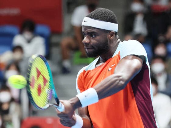 October 6, 2022, Tokyo, Japan - Francis Tiafoe of the United States returns the ball against Bernabe Zapata Miralles of Spain at the second round match of Japan Open tennis tournament at the Ariake Coliseum in Tokyo on Thursday, October 6, 2022. Tiafoe defeated Zapata Mirallesr6-1, 7-6. Noxthirdxpartyxsales  (200498066)