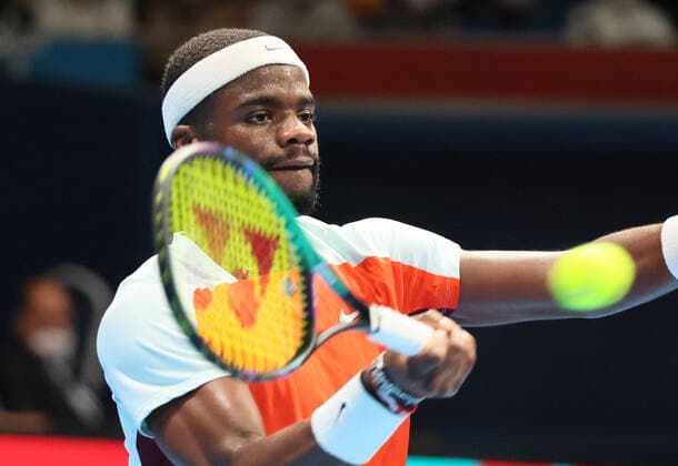 October 6, 2022, Tokyo, Japan - Francis Tiafoe of the United States returns the ball against Bernabe Zapata Miralles of Spain at the second round match of Japan Open tennis tournament at the Ariake Coliseum in Tokyo on Thursday, October 6, 2022. Tiafoe defeated Zapata Mirallesr6-1, 7-6. Noxthirdxpartyxsales  (200498067)