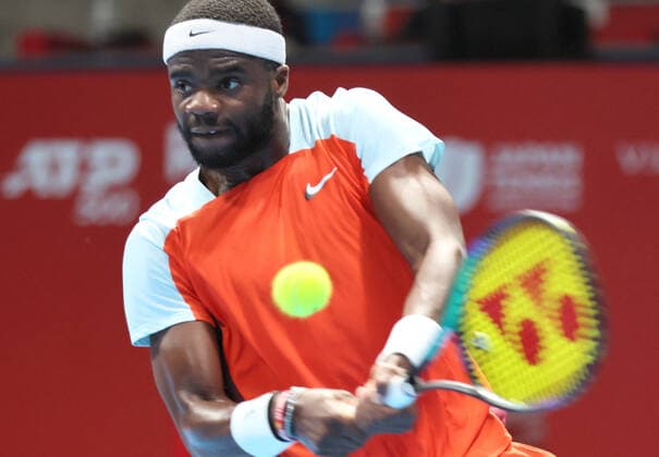 October 6, 2022, Tokyo, Japan - Francis Tiafoe of the United States returns the ball against Bernabe Zapata Miralles of Spain at the second round match of Japan Open tennis tournament at the Ariake Coliseum in Tokyo on Thursday, October 6, 2022. Tiafoe defeated Zapata Mirallesr6-1, 7-6. Noxthirdxpartyxsales  (200498069)