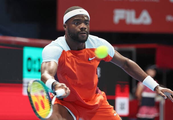 October 6, 2022, Tokyo, Japan - Francis Tiafoe of the United States returns the ball against Bernabe Zapata Miralles of Spain at the second round match of Japan Open tennis tournament at the Ariake Coliseum in Tokyo on Thursday, October 6, 2022. Tiafoe defeated Zapata Mirallesr6-1, 7-6. Noxthirdxpartyxsales  (200498070)