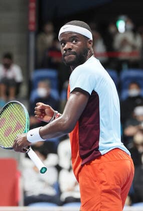 October 6, 2022, Tokyo, Japan - Francis Tiafoe of the United States cliches his fist as he won the first set against Bernabe Zapata Miralles of Spain at the second round match of Japan Open tennis tournament at the Ariake Coliseum in Tokyo on Thursday, October 6, 2022. Tiafoe defeated Zapata Mirallesr6-1, 7-6. Noxthirdxpartyxsales  (200498071)