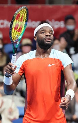 October 6, 2022, Tokyo, Japan - Francis Tiafoe of the United States reacts to audience after he defeated Bernabe Zapata Miralles of Spain at the second round match of Japan Open tennis tournament at the Ariake Coliseum in Tokyo on Thursday, October 6, 2022. Tiafoe defeated Zapata Mirallesr6-1, 7-6. Noxthirdxpartyxsales  (200498072)