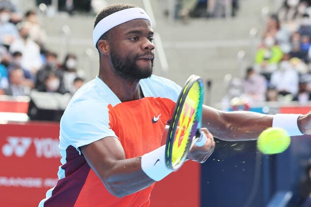 October 8, 2022, Tokyo, Japan - Francis Tiafoe of the United States returns the ball against Kwon Soonwoo of South Korea at the semi final of the Japan Open tennis tournament at the Ariake Coliseum in Tokyo on Saturday, October 8, 2022. Tiafoe defeated Kwon 6-2, 0-6, 6-4. Noxthirdxpartyxsales  (0170656872st)
