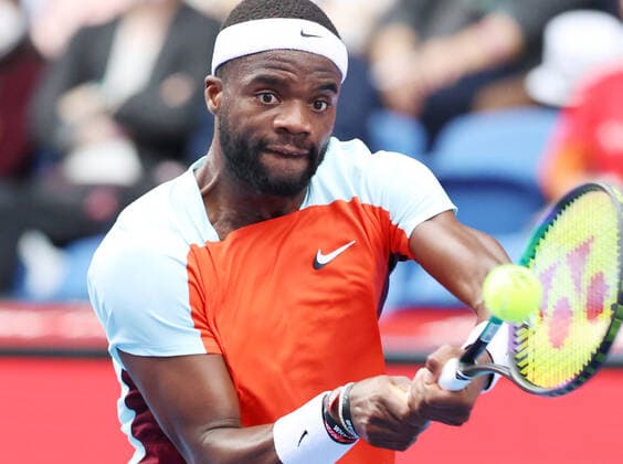October 8, 2022, Tokyo, Japan - Francis Tiafoe of the United States returns the ball against Kwon Soonwoo of South Korea at the semi final of the Japan Open tennis tournament at the Ariake Coliseum in Tokyo on Saturday, October 8, 2022. Tiafoe defeated Kwon 6-2, 0-6, 6-4. Noxthirdxpartyxsales  (0170656874st)