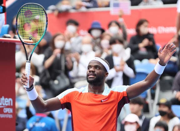 October 8, 2022, Tokyo, Japan - Francis Tiafoe of the United States reacts to audience as he defeated Kwon Soonwoo of South Korea at the semi final of the Japan Open tennis tournament at the Ariake Coliseum in Tokyo on Saturday, October 8, 2022. Tiafoe defeated Kwon 6-2, 0-6, 6-4. Noxthirdxpartyxsales  (0170656881st)