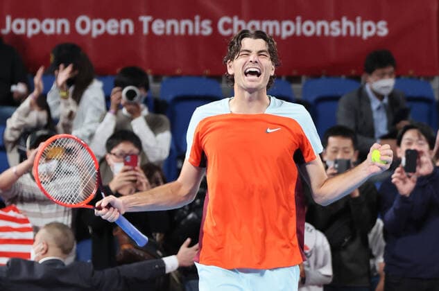 October 8, 2022, Tokyo, Japan - Taylor Fritz of the United States shouts as he defeated Denis Shapovalov of Canada at the semi final of the Japan Open tennis tournament at the Ariake Coliseum in Tokyo on Saturday, October 8, 2022. Fritz defeated Shapovalov 6-3, 6-7, 6-3. Noxthirdxpartyxsales (0170660541st)