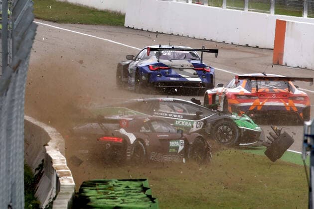 Start accident with Rolf Ineichen SUI Grasser Racing Team Lamborghini Huracan ,Clemens Schmid AUT GRT grasser racing com Lamborghini Huracan and Marius Zug GER Attempto Racing Audi R8 at the DTM round at the Hockenheimring Copyright Thomas Pakusch