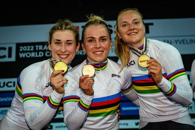 Pauline Sophie GRABOSCH, Emma HINZE, Lea Sophie FRIEDRICH UCI Track World Championships 2022 Pauline Sophie GRABOSCH, Emma HINZE, Lea Sophie FRIEDRICH get gold gold medal, world champion, world title in women team sprintbefore China People s Republic and Great Britain award ceremony, Podium UCI Track World Championships 2022 Track Cycling World Championships at the Velodrome National in Saint Quentin en Yvelines Montigny le Bretonneux France The 122 UCI Track World Championships 2022 will be held from 12 to 16 October 2022