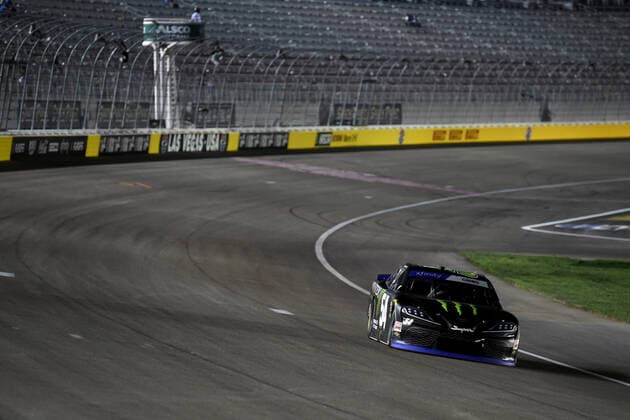 LAS VEGAS, NV - OCTOBER 14: Ty Gibbs ( 54 Joe Gibbs Racing Toyota Monster Energy) completes a qualifying lap during qualifying for the NASCAR, Motorsport, USA Xfinity Series Playoff Alsco Uniforms 302 on October 14, 2022, at Las Vegas Motor Speedway in Las Vegas, NV. (Photo by Chris Williams Icon Sportswire) AUTO: OCT 14 NASCAR Xfinity Series Playoff Alsco Uniforms 302 Icon007221014996302
