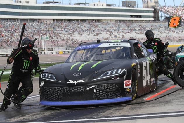 LAS VEGAS, NV - OCTOBER 15: Ty Gibbs ( 54 Joe Gibbs Racing Toyota Monster Energy) in for a pit stop during the Alsco Uniforms 302 NASCAR, Motorsport, USA Xfinity Series Playoff race on October 15, 2022, at Las Vegas Motor Speedway in Las Vegas, NV. Photo by Matthew Bolt LVMS Icon Sportswire) AUTO: OCT 15 NASCAR Xfinity Series Playoff Alsco Uniforms 302 Icon221015071