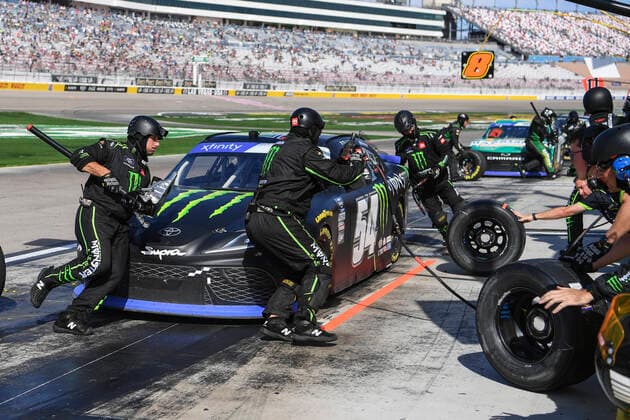 LAS VEGAS, NV - OCTOBER 15: Ty Gibbs ( 54 Joe Gibbs Racing Toyota Monster Energy) pits during the NASCAR, Motorsport, USA Xfinity Series Playoff Alsco Uniforms 302 at the Las Vegas Motor Speedway Saturday, October 15, 2022, in Las Vegas, Nevada. (Photo by Sam Morris Icon Sportswire) AUTO: OCT 15 NASCAR Xfinity Series Playoff Alsco Uniforms 302 Icon1272210151094302