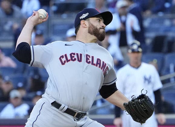 Cleveland Guardians starting pitcher Aaron Civale throws in the first inning against the New York Yankees in game five of their American League Division Series at Yankee Stadium in New York City on Tuesday, October 18, 2022.  NYP20221018756 RAYxSTUBBLEBINE