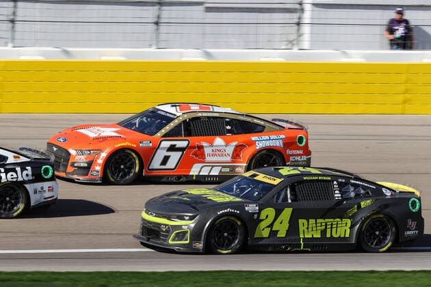 LAS VEGAS, NV - OCTOBER 16: Brad Keselowski ( 6 RFK Racing King s Hawaiian Ford) and William Byron ( 24 Hendrick Motorsports RaptorTough.com Chevrolet) drive out of turn four during the NASCAR, Motorsport, USA Cup Series Playoff South Point 400, on October 16, 2022, at Las Vegas Motor Speedway in Las Vegas, NV.(Photo by Christopher Trim Icon Sportswire) AUTO: OCT 16 NASCAR Cup Series Playoff South Point 400 Icon221016050400
