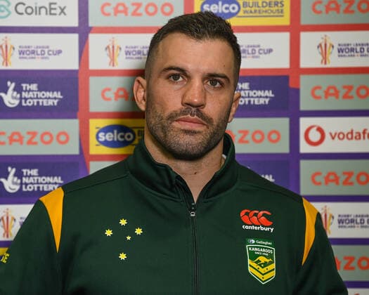 October 29, 2022, London, England, United Kingdom: James Tedesco of Australia during the pre game interview ahead of the Rugby League World Cup 2021 match Australia vs Italy at Totally Wicked Stadium, St Helens, United Kingdom, 29th October 2022. London United Kingdom - ZUMAn307 20221029_zsa_n307_920 Copyright: xCraigxThomas NewsxImagesx