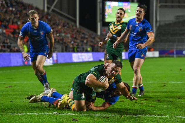 October 29, 2022, London, England, United Kingdom: James Tedesco of Australia goes over for a try during the Rugby League World Cup 2021 match Australia vs Italy at Totally Wicked Stadium, St Helens, United Kingdom, 29th October 2022. London United Kingdom - ZUMAn307 20221029_zsa_n307_1061 Copyright: xCraigxThomas NewsxImagesx